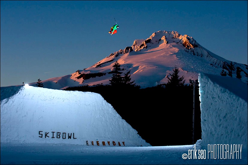 CR Johnson jumping a channel gap jump at Mt. Hood Ski Bowl in Government Camp, Oregon - Poor Boyz Productions (Cr. Erik Seo)