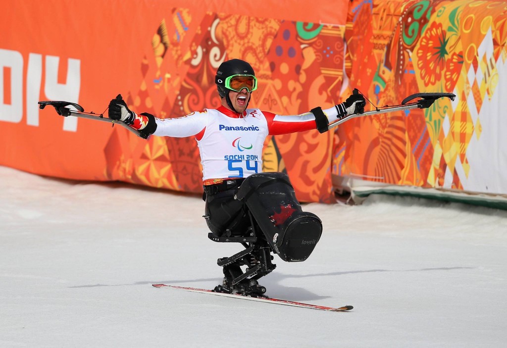 Josh Dueck Celebrates at the Finish Line with a Gold Medal Time in Men's Downhill (Photo Ian Walton:Getty Images)