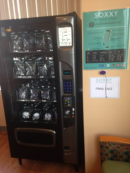 Doctor Recommended Compression Sox - Soxxy Vending Machine Installed at Vascular Experts Clinic Making it Convenient for Patients to Purchase in the Waiting Room.